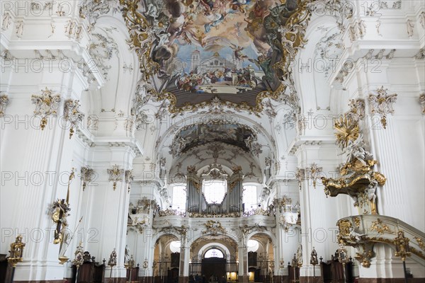 Baroque church, interior view, Marienmuenster, Diessen, Ammersee, Fuenfseenland, Pfaffenwinkel, Upper Bavaria, Bavaria, Germany, Europe