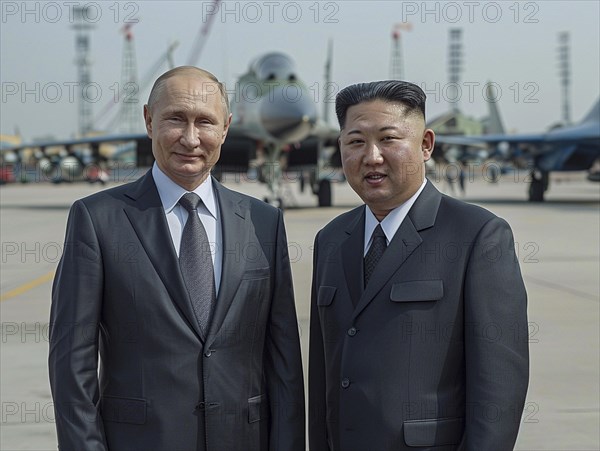 Russian President Vladimir Putin stands with President of Korea Kim Jong Un. AI generated