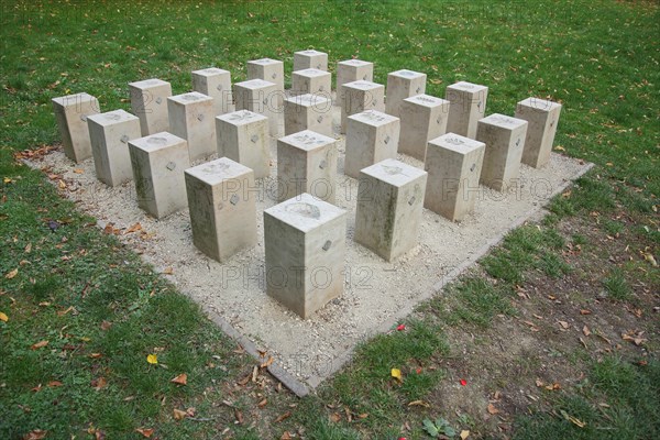 Sculpture installation 25 by Heike Krebs-Bechtel 2010, twenty-five, 5, square, geometric, symmetrical, square, cuboid, cube, blocks, block, order, system, row, Nerotalpark, Nerotal-Anlagen, Nordost, Wiesbaden, Taunus, Hesse, Germany, Europe