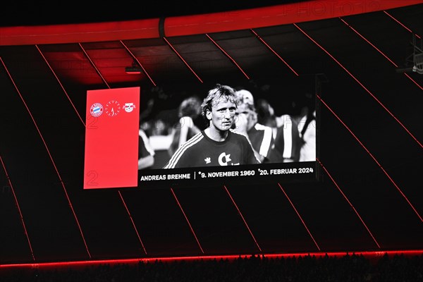 Mourning in honour of Andreas Andi Brehme, scoreboard, commemoration, minute of silence, minute of remembrance, FC Bayern Munich FCB, RasenBallsport Leipzig RBL, Allianz Arena, Munich, Bavaria, Germany, Europe