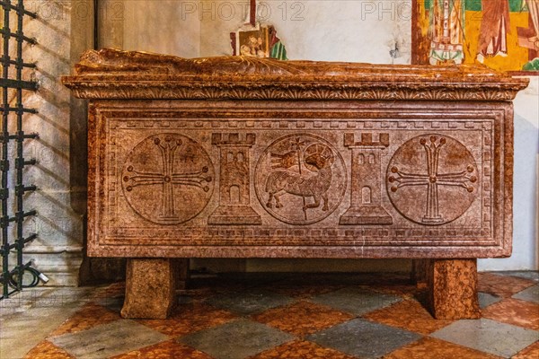Sarcophagus, Basilica of Aquileia from the 11th century, largest floor mosaic of the Western Roman Empire, UNESCO World Heritage Site, important city in the Roman Empire, Friuli, Italy, Aquileia, Friuli, Italy, Europe