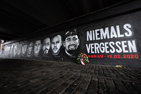 A 27-metre-long memorial graffito under the Friedensbruecke bridge in Frankfurt commemorates the victims of the attack in Hanau on 19 February 2020, Friedensbruecke, Frankfurt am Main, Hesse, Germany, Europe