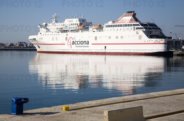 Juan J Sister Acciona Trasmediterranea shipping line Ro-Ro ferry ship moored in the port at Malaga, Spain, Europe