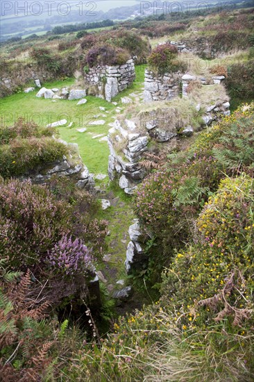 Chysauster Ancient Village is a late Iron Age and Romano-British village of courtyard houses in Cornwall, England, United Kingdom, Europe