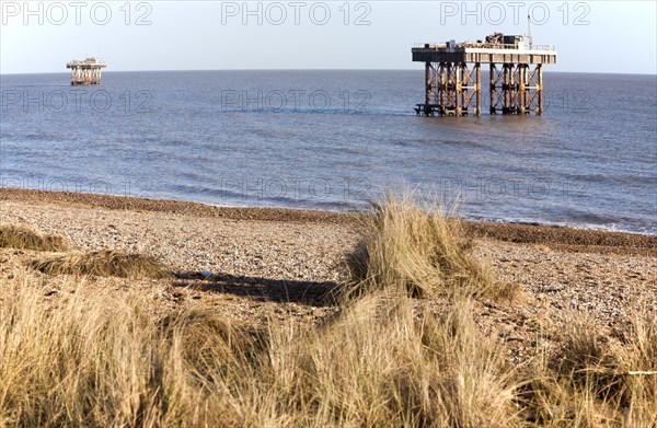 Offshore water intake and outlet towers supply cooling water to Sizewell nuclear power station, near Leiston, Suffolk, England, United Kingdom, Europe