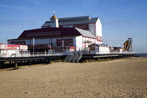 Britannia pier theatre and sandy beach in winter, Great Yarmouth, Norfolk, England, United Kingdom, Europe