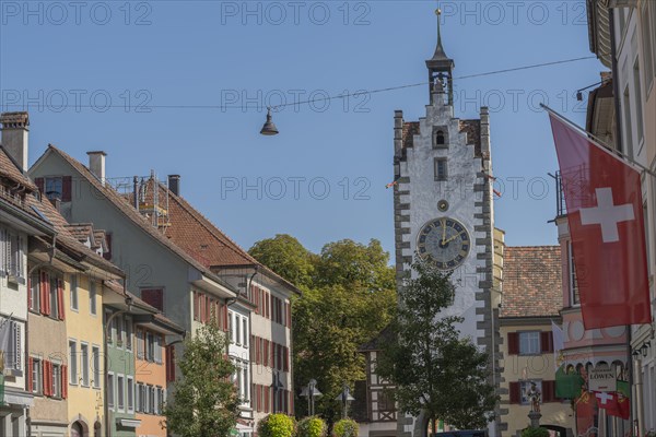 Old town of Dissenhofen on the Rhine, town gate, tower clock with zodiac sign, Swiss flag, Frauenfeld district, Canton Thurgau, Switzerland, Europe