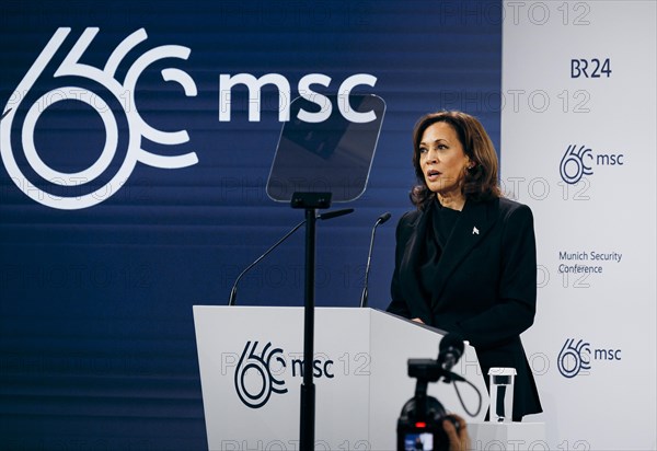 Kamala Harris, US Vice President, recorded during a speech at the Munich Security Conference (MSC) in Berlin, 16 February 2024