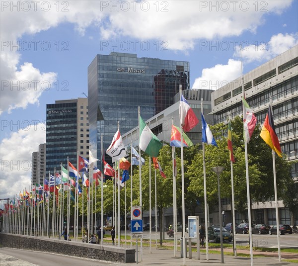 Flag parade along the waterfront promenade at Boompjes, Rotterdam, Netherlands