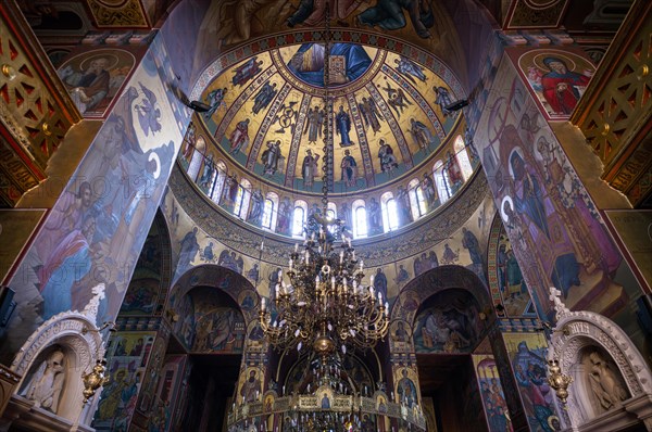 Interior view of the church, Metropolitan Church of St Gregorios Palamas, dome, mosaic, chandelier, Thessaloniki, Macedonia, Greece, Europe