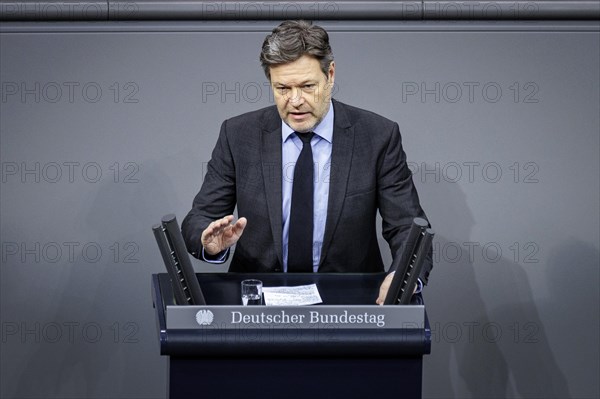 Robert Habeck, Federal Minister for Economic Affairs and Climate Protection and Vice-Chancellor, (Alliance 90/The Greens) recorded during his government statement on the annual economic report in the German Bundestag in Berlin, 22/02/2024