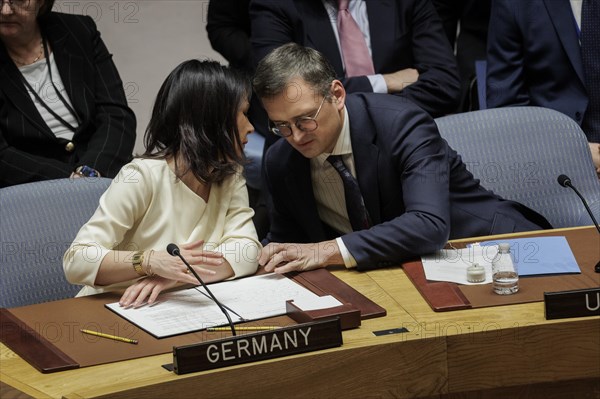 Annalena Baerbock (Alliance 90/The Greens), Federal Foreign Minister, and Dmytro Kuleba, Foreign Minister of Ukraine, at the meeting of the United Nations Security Council on the maintenance of peace and security in Ukraine in New York, 24 February 2024. Annalena Baerbock (Alliance 90/The Greens), travelling to New York to mark the anniversary of the attack on Ukraine. Photographed on behalf of the Federal Foreign Office