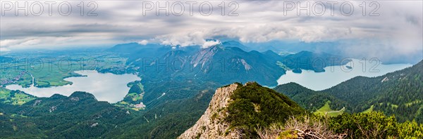 Panoramic view of a picturesque landscape with mountains, lakes and cloudy skies, Lake Kochel and Walchensee, Herzogstand, Bavaria