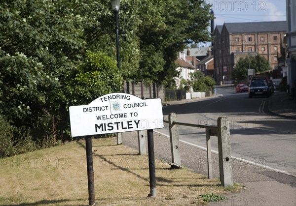 Road sign for the village of Mistley, Tendring district council, Essex, England, United Kingdom, Europe