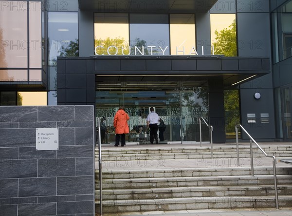 People entering the new County Hall building, Trowbridge, Wiltshire, England, United Kingdom, Europe