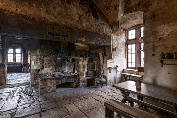 Kitchen with fireplace, hob and soot-blackened ceiling, soot, medieval knight's castle, Ronneburg Castle, Ronneburger Huegelland, Main-Kinzig district, Hesse, Germany, Europe