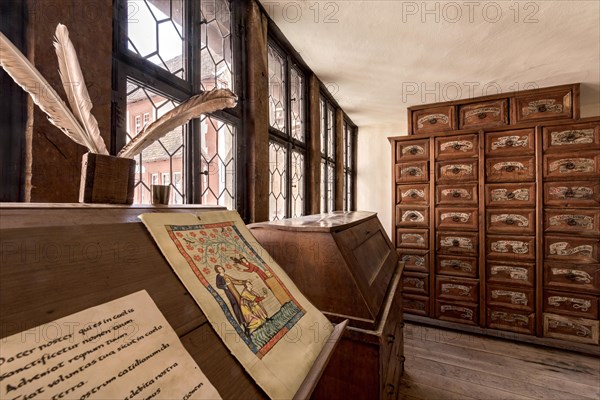 Secretary with quill and document, writing room, reading room, archive cabinet, medieval knight's castle, Ronneburg Castle, Ronneburger Huegelland, Main-Kinzig district, Hesse, Germany, Europe