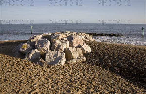 Rock groyne sea defences Felixstowe beach, Suffolk, England, United Kingdom, Europe