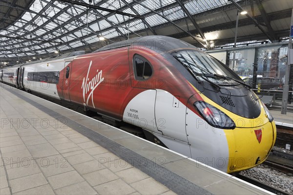 A Virgin Train at Liverpool station. The vehicles of the British Class 390, also known as Pendolino Britannico, are electrically powered tilting trains operated by the railway company Virgin Trains on the West Coast Main Line in the United Kingdom, 01/03/2019
