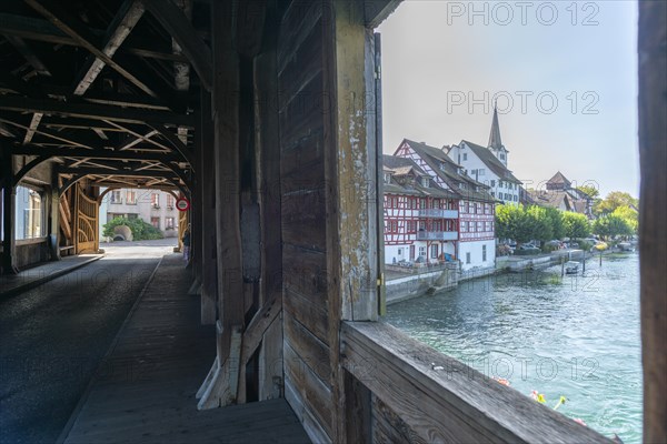 Border town of Dissenhofen on the Rhine, wooden bridge, half-timbered houses, Frauenfeld district, Canton Thurgau, Switzerland, Europe