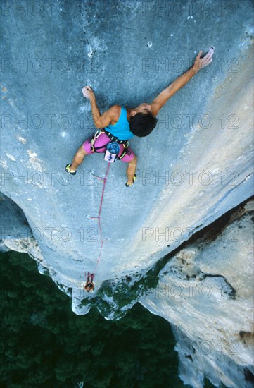 Christoph Bucher in route called Echographie, 8a plus, Georges du Verdon, Haute Provence, France, vintage, retro, Europe