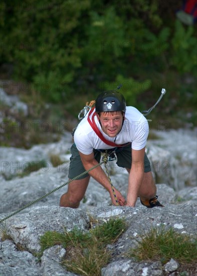 Climber in limestone near Sigmaringen Danube Valley, Baden-Wuerttemberg, Germany, vintage, retro, Europe