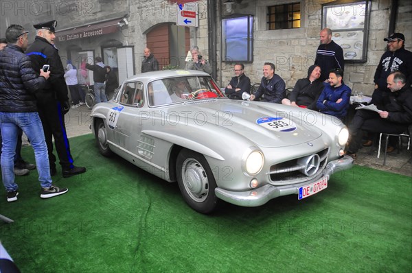 Mille Miglia 2016, time control, checkpoint, SAN MARINO, start no. 563 MERCEDES BENZ year of construction classic car race. San Marino, Italy, Europe