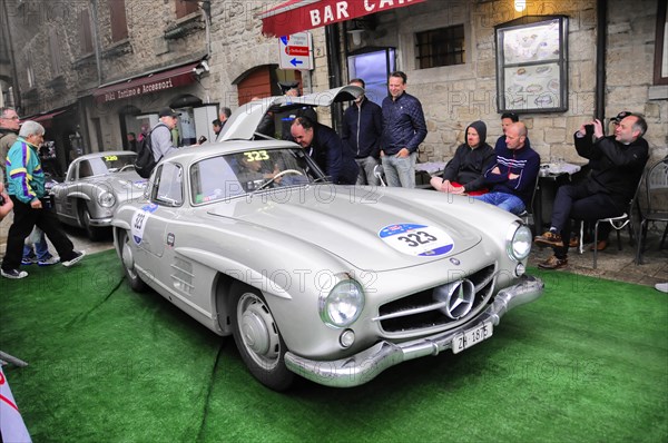 Mille Miglia 2016, time control, checkpoint, SAN MARINO, start no. 323 MERCEDES-BENZ 300SL COUPE W198 built in 1955 Vintage car race. San Marino, Italy, Europe