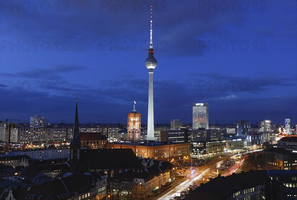 Television tower on Alexanderplatz, Red Town Hall and St Nicholas' Church during the blue hour, 01/02/2018