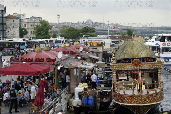 View from the Galata Bridge, Galata Koepruesue, on market and fish stall in Eminoenue neighbourhood, Golden Horn, Halic, Istanbul, Turkey, Asia