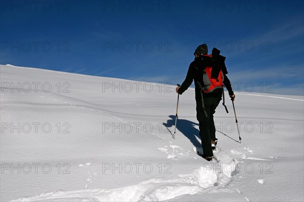 Snowshoe hiking in the Beverin nature park Park, Graubuenden, Switzerland, Europe