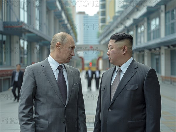 Russian President Vladimir Putin stands with President of Korea Kim Jong Un. AI generated