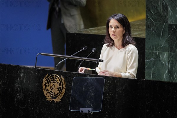 Plenary session of the United Nations General Assembly on 'AeRThe situation in the temporarily 'AeRoccupied territories of Ukraine in New York, 24 February 2024. Annalena Baerbock (Alliance 90/The Greens), Federal Foreign Minister, travels to New York to mark the anniversary of the attack on Ukraine. Photographed on behalf of the Federal Foreign Office