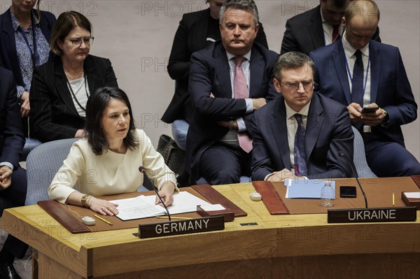 Annalena Baerbock (Alliance 90/The Greens), Federal Foreign Minister, and Dmytro Kuleba, Foreign Minister of Ukraine, at the meeting of the United Nations Security Council on the maintenance of peace and security in Ukraine in New York, 24 February 2024. Annalena Baerbock (Alliance 90/The Greens), travelling to New York to mark the anniversary of the attack on Ukraine. Photographed on behalf of the Federal Foreign Office