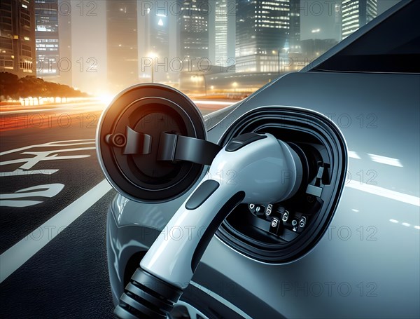 Battery operated electric car charging point plug in a city, AI generated