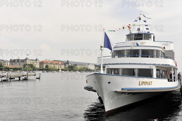 Excursion boat LIMMAT, boat landing stage in the harbour of Zurich, Lake Zurich, Switzerland, Europe