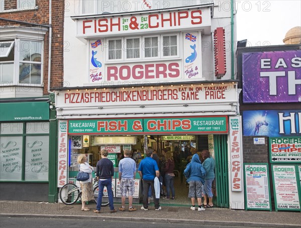 Rogers famous fish and chips shop with queue of people, Great Yarmouth, Norfolk, England, United Kingdom, Europe