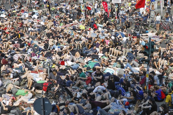 Mass die In, at the Official Animal Rights March demo at Rosenthaler Platz in Berlin. The Animal Rights March is a demonstration of the vegan community for animal protection and animal rights, 25 August 2019