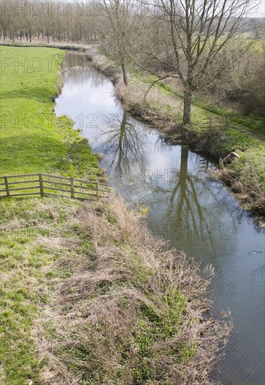 Straight stretch of mature River Deben in its flood plain, Wickham Market, Suffolk, England, United Kingdom, Europe