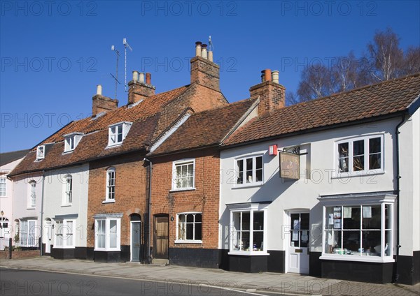 Houses and shops in historic buildings of New Street, Woodbridge, Suffolk, England, United Kingdom, Europe