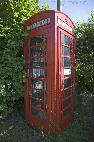 Old red telephone box used for book exchange, Suffolk, England, United Kingdom, Europe