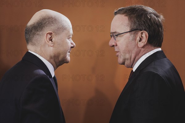 (L-R) Olaf Scholz (SPD), Federal Chancellor, and Boris Pistorius (SPD), Federal Minister of Defence, pictured during the weekly cabinet meeting in Berlin, 21.02.2024