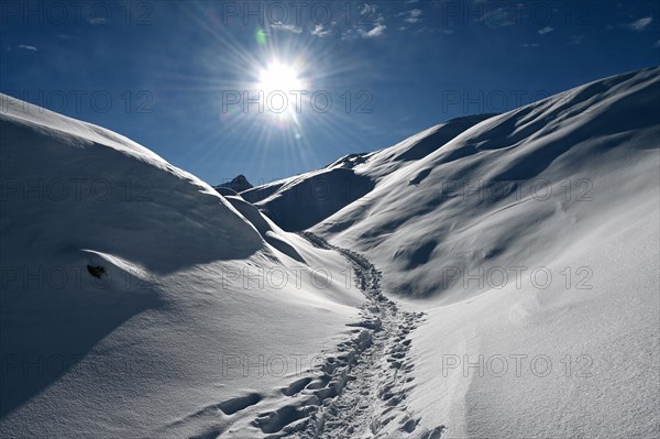 Snowshoe hiking in the Beverin nature park Park, Graubuenden, Switzerland, Europe