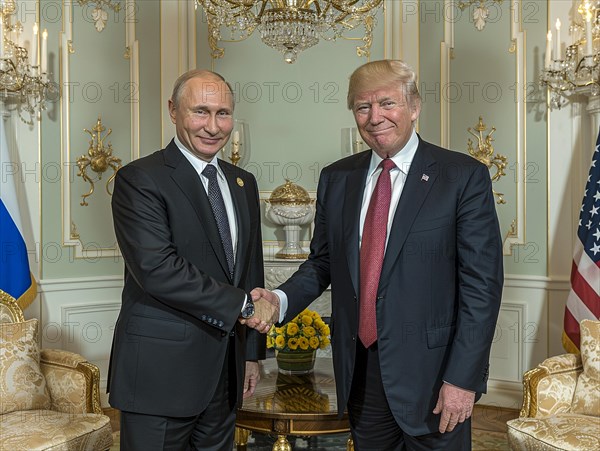 Russian President Vladimir Putin stands with USA President Donald Trump. AI generated