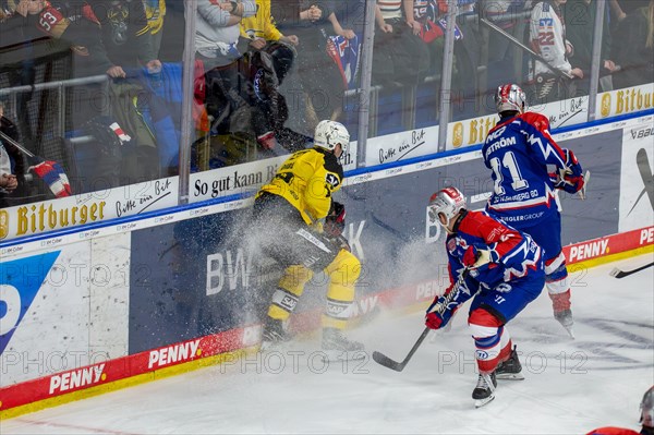 23.02.2024, DEL, German Ice Hockey League, Matchday 48) : Adler Mannheim (yellow jerseys) against Nuremberg Ice Tigers (blue jerseys), 3:2 after overtime