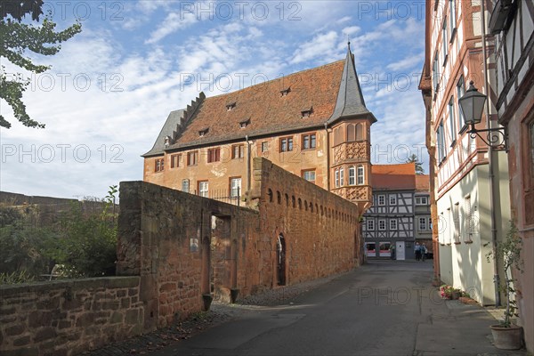 Stone house built in 1510 and historic town fortifications, Buedingen, Wetterau, Hesse, Germany, Europe