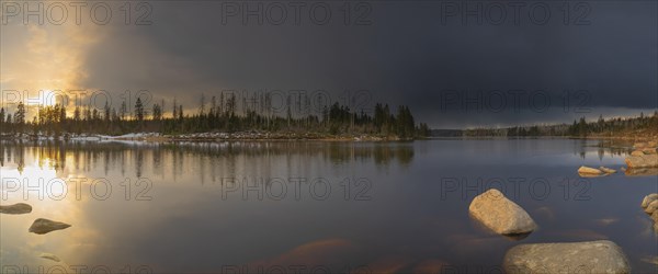 View over the Harz Oderteich in winter, dam, sunset, panorama, landscape format, evening light, landscape photography, nature photography, lake, rocks, Braunlage, Harz, Lower Saxony, Germany, Europe