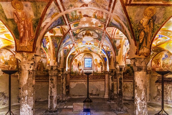 Crypt of frescoes from the 9th century under the main altar, Cripta degli Affreschi, Basilica of Aquileia from the 11th century, largest floor mosaic of the Western Roman Empire, UNESCO World Heritage Site, important city in the Roman Empire, Friuli, Italy, Aquileia, Friuli, Italy, Europe