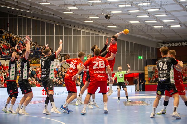 18.02.2024, 2nd HBL, German Handball League, matchday 21) : Game scene Eulen Ludwigshafen against TuS N-Luebbecke (final score 34:32) . Player on the ball: Mex Raguse (Eulen Ludwigshafen)