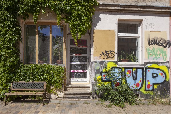 Colourfully smeared old house entrance in the Kroepeliner-Tor-Vorstadt, Rostock, Mecklenburg-Vorpommern, Germany, Europe